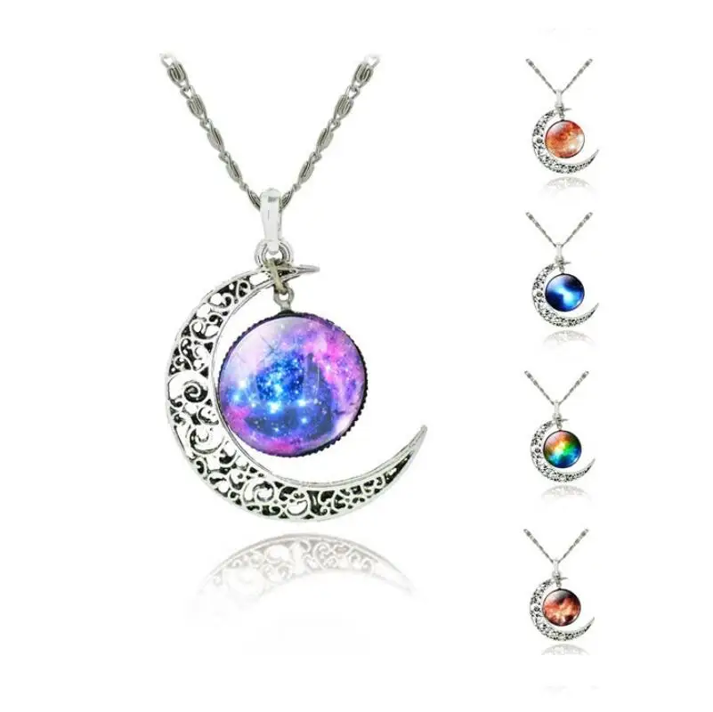 

High Quality Hot Fashion Jewelry Choker Necklace Glass Sky Galaxy Pendant Silver Color Chain Moon Necklace Jewelry best Gift