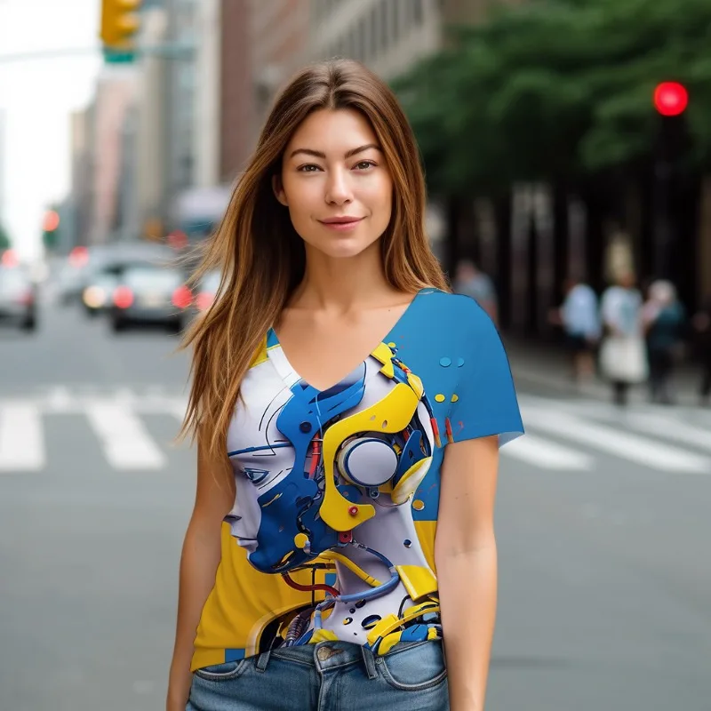 

2023 New Loose Casual Women's V-neck T-shirt Colorful Fashion T-shirt Street Style Women's V-neck T-shirt Summer Fashion T-shirt