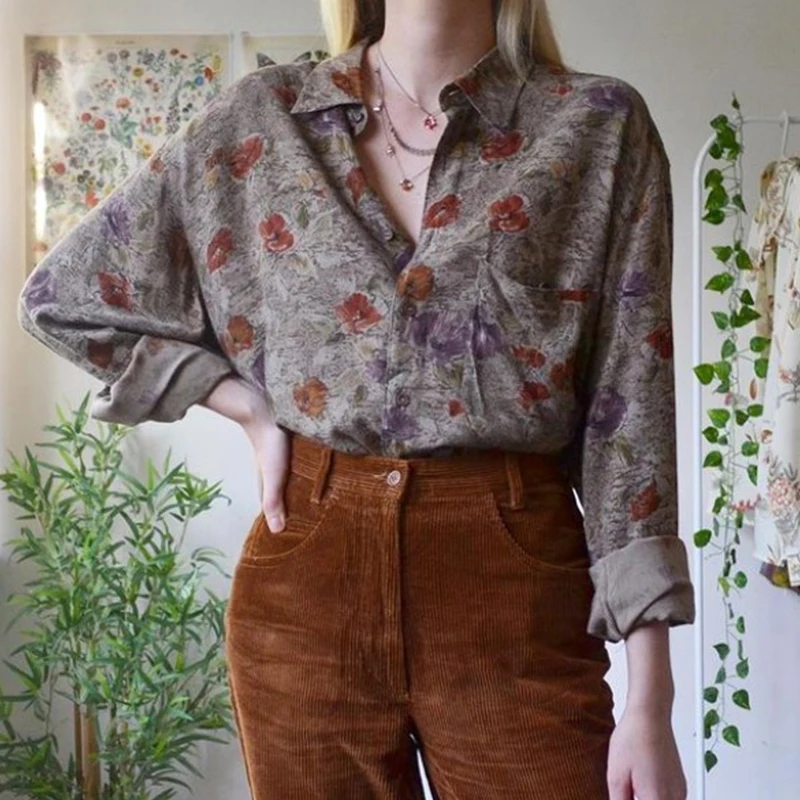 

Retro Fashion Print Lapel Long Sleeve Shirt