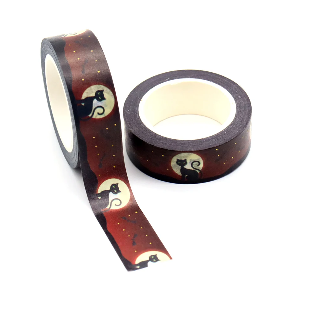 

2022 NEW 1PC 15mm*10m Foil Halloween Bat Cat Moon Decorative Washi Tape Scrapbooking Masking Tape School Office Supply