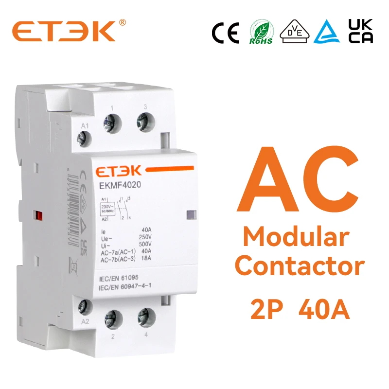

Бытовой модульный контактор переменного тока ETEK, 220 В, однофазный, 2P, 40 А, 2 катушки, тип Din-рейки, аналогичен