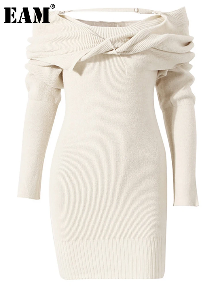 

[EAM] Women Beige Knitting Knot Elegant Dress New Slash Neck Long Sleeve Loose Fit Fashion Tide Spring Autumn 2022 1DE4268