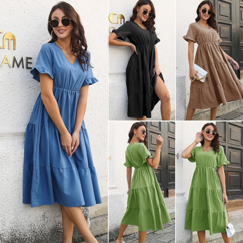 

2023 Ruffled Dress V-neck Flared Sleeves Large Swing Skirt Women's Summer New Mid Skirt
