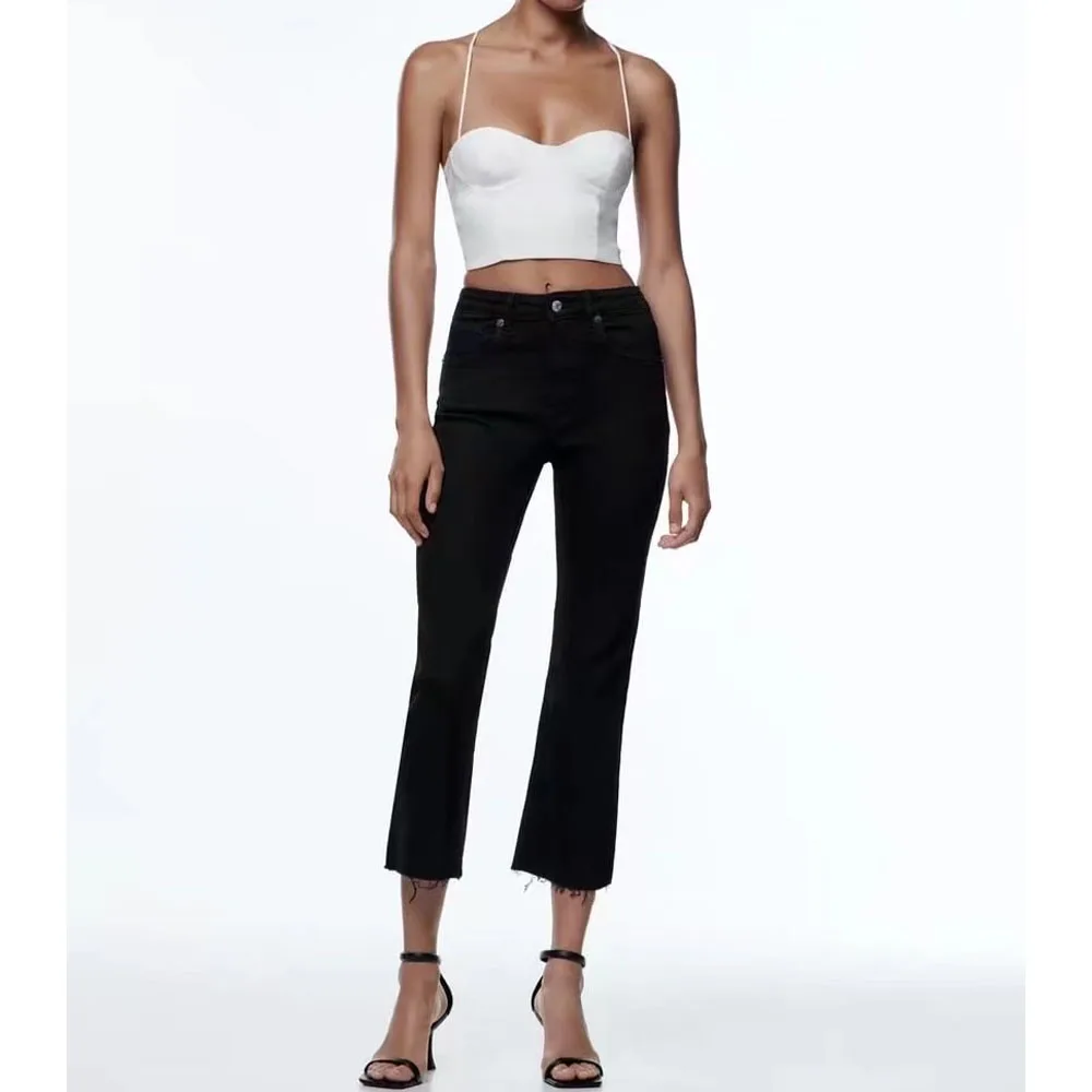 

2022 women's early autumn new style and naked flared jeans solid color raw edge high waist slim cropped pants