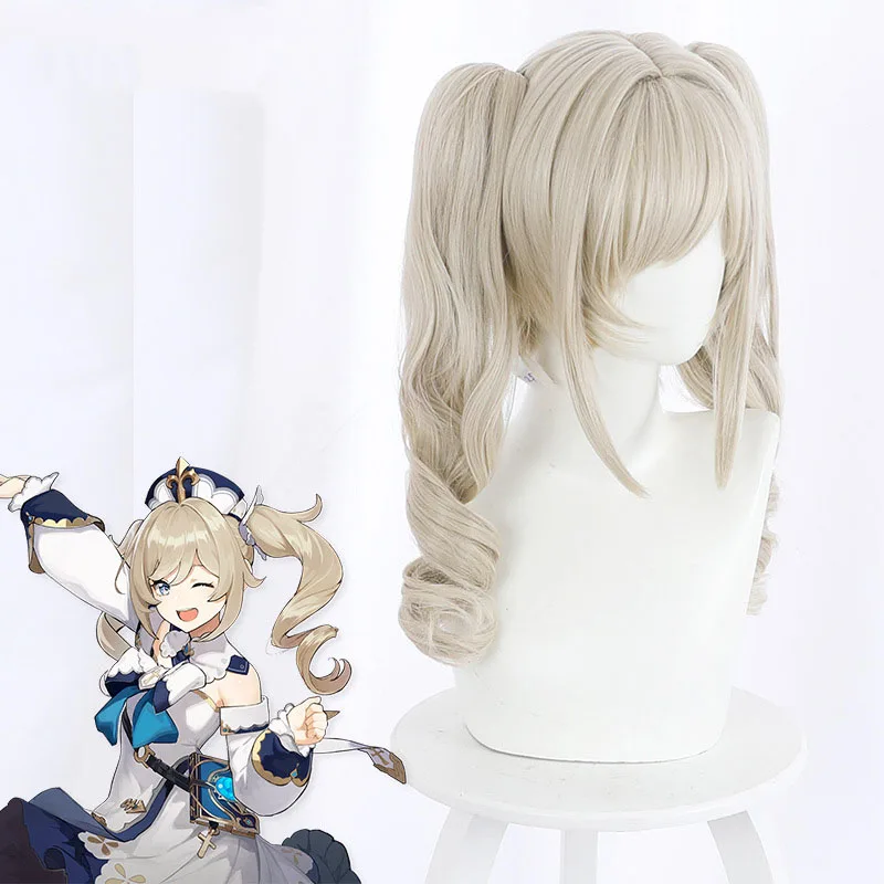 Парик для косплея аниме варбара Game Genshin светлый длинный кудрявый двойной хвост