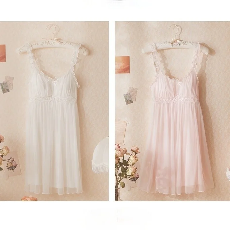 QWEEK Lace Mesh Kawaii Sleepwear Princess Nightdress Women Sexy Nightwear Cute Nightie Fancy Nightgown Fairy Dressing Gown