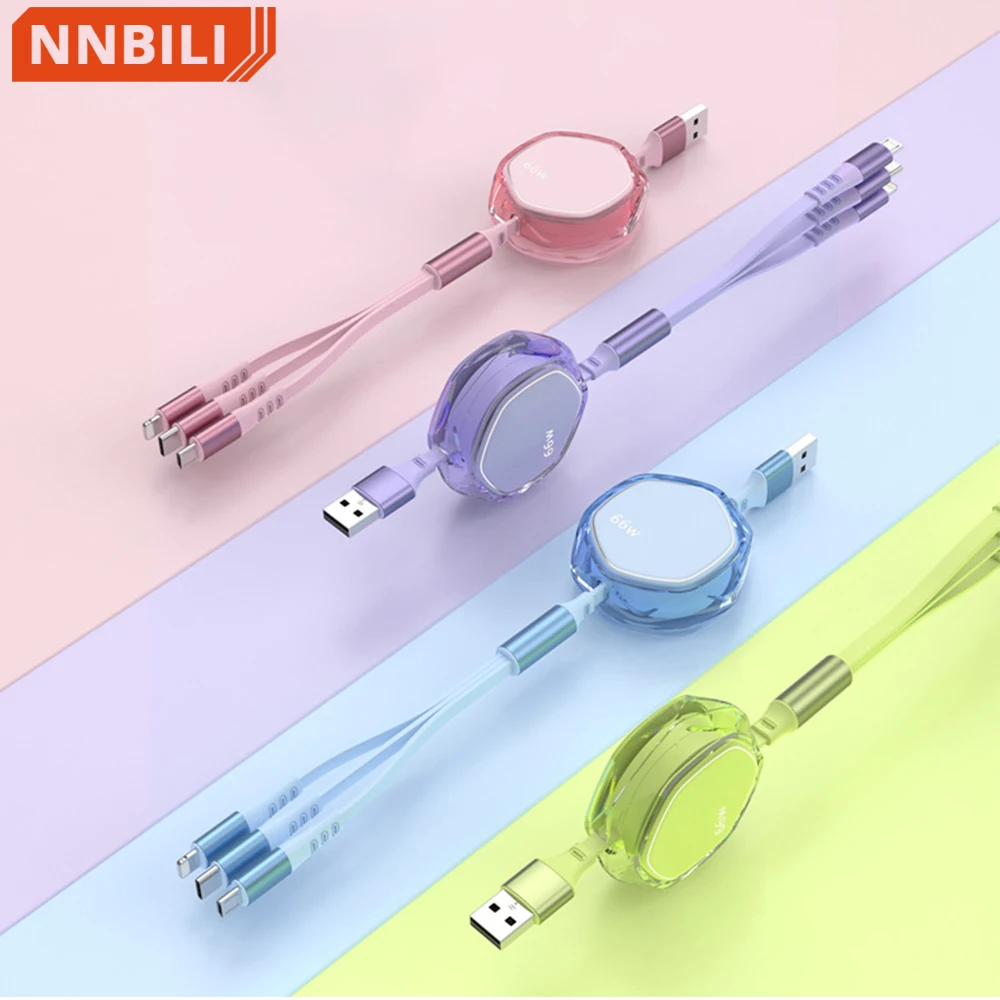 

Супербыстрая зарядка 66 Вт, прозрачный Телескопический кабель для передачи данных три в одном, type-5A Macaron One Drag Three, зарядный провод