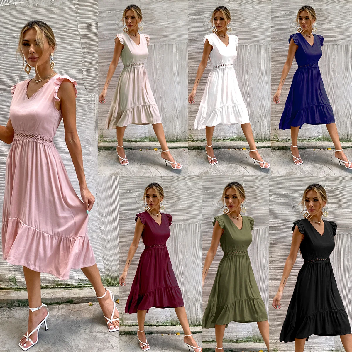 Купи 2023 High waist slim ruffle temperament commuting solid color hollow lace patchwork dress за 456 рублей в магазине AliExpress