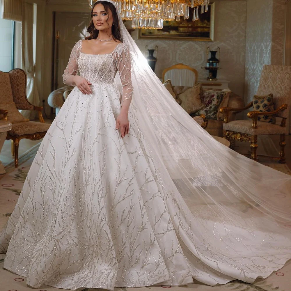 

Qcenkeren Wedding Dresses A-Line Squre Collar Women Bridal Gowns With Shiny Sequined Court Train Elegant Lace New 2023