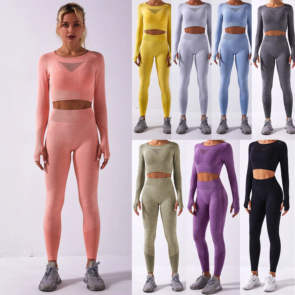 Spring 2022 Women Fitness Wear Mesh Front Long Sleeves Crop Top Legging Set