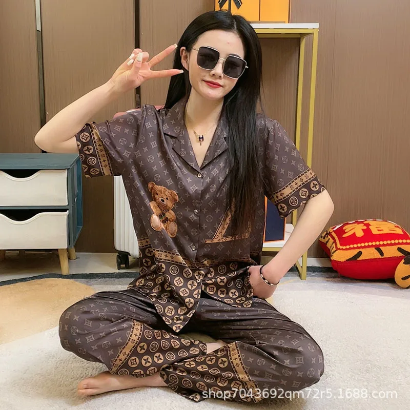 Summer Women Ice Silk Pajama Set Short Sleeve Trousers Designer Thin Spring Home Wear Korean Fashion Retro Printing New