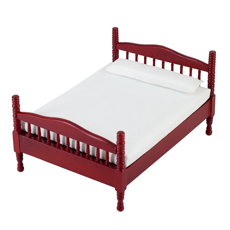 

1/12 Scale Dollhouse Double Bed Miniature Dolls House Bedroom Furniture For Decoration Dollhouse Accessories