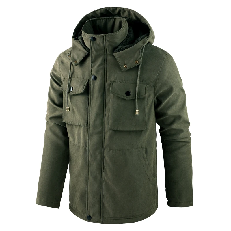 Men Parkas Jacket Winter Fleece Thicken Coat Warm Lambswool Hooded Parka Mens Cotton Casual Windproof Military Cargo Coats L-6XL
