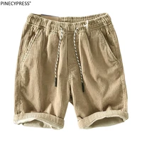 100 cotton corduroy anti pilling summer fashion drawstring solid male casual pockets elastic waist knee length chino men shorts
