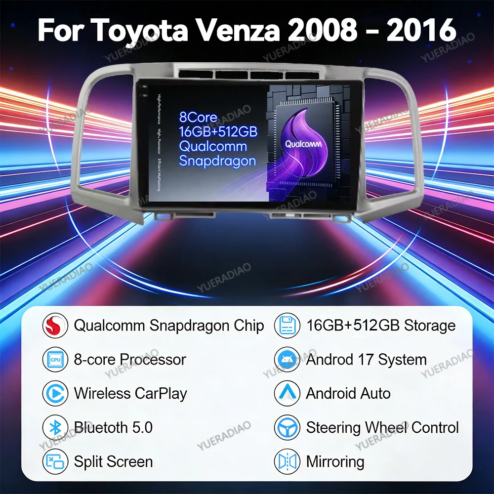 Фото Автомагнитола Android 17 для Toyota Venza 2008-2016 с FM, GPS, CarPlay, мультимедиа, сенсорным экраном, управлением на руле, 4G, Wi-Fi, 2DIN №1