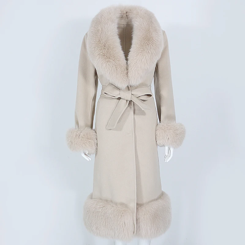 

OFTBUY 2023 Real Fur Coat Winter Jacket Women Natural Fox Fur Collar Cuffs Cashmere Wool Blends X-Long Outerwear Belt Streetwear