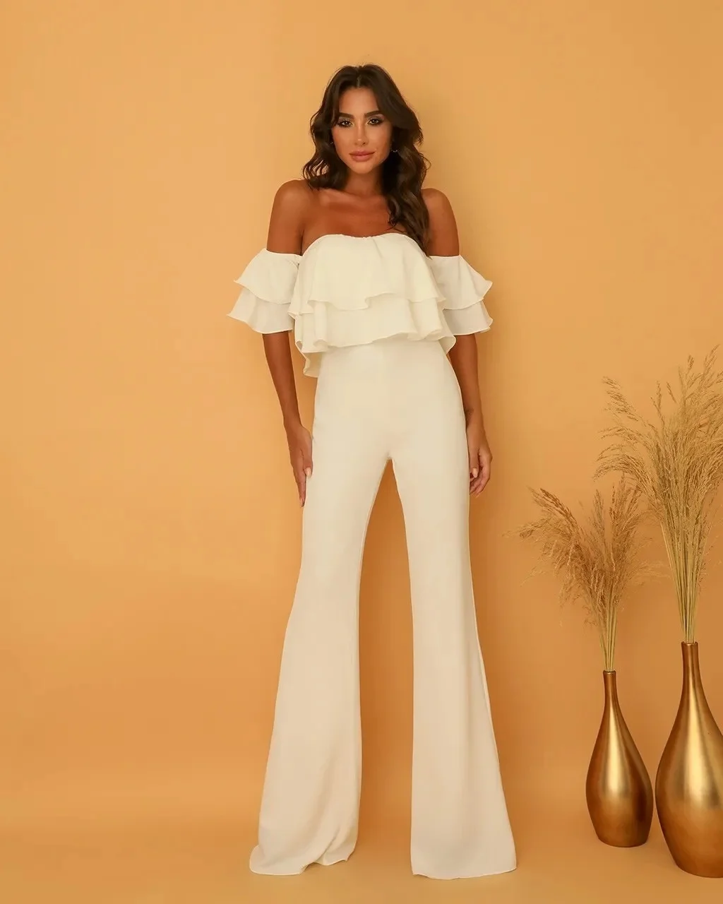 

Women Jumpsuits Solid Color 2022 Summer New Always Collar Ruffle Solid Color Jumpsuit Slim Fitting Bell Bottoms