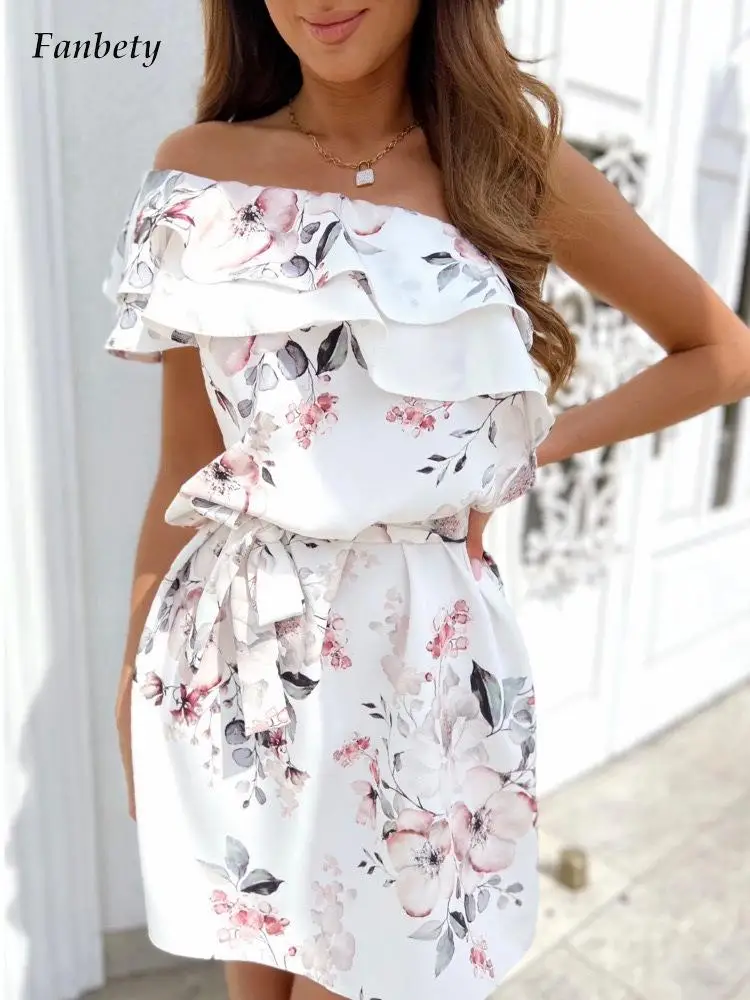 

Women Sexy Off Shoulder Mini Dress Elegant Floral Printed Lace-up Ruffle Bohe Party Dress Summer Casual Sleeveless A-Line Dress