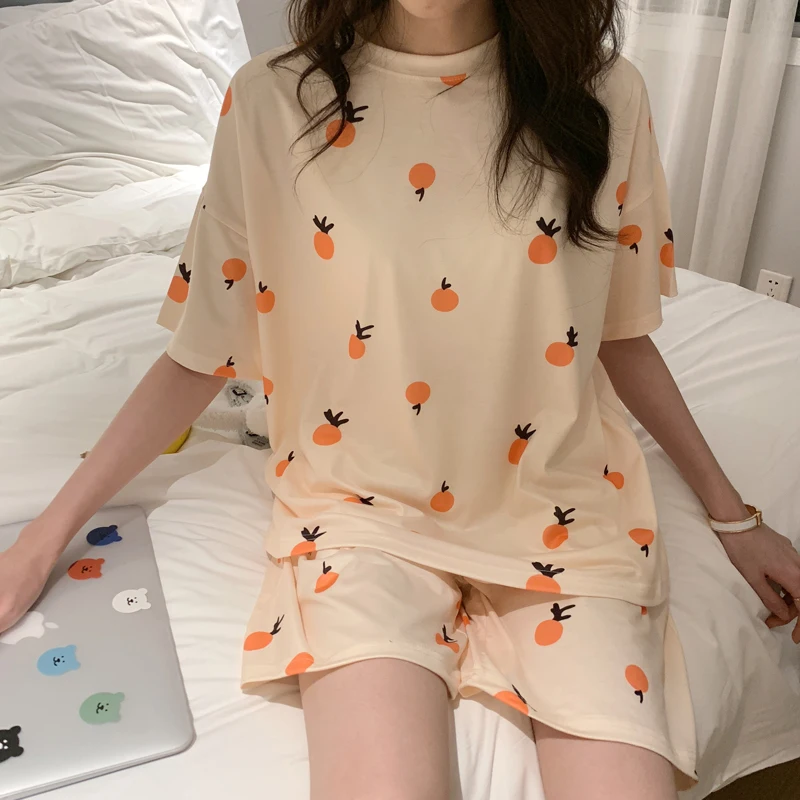 

2021 Loose Casual Sleepwear Cute Summer Pajamas Set For Women Sleepwear T-Shirts and Shorts Orange Fruit Print Girl Pjs Homewear