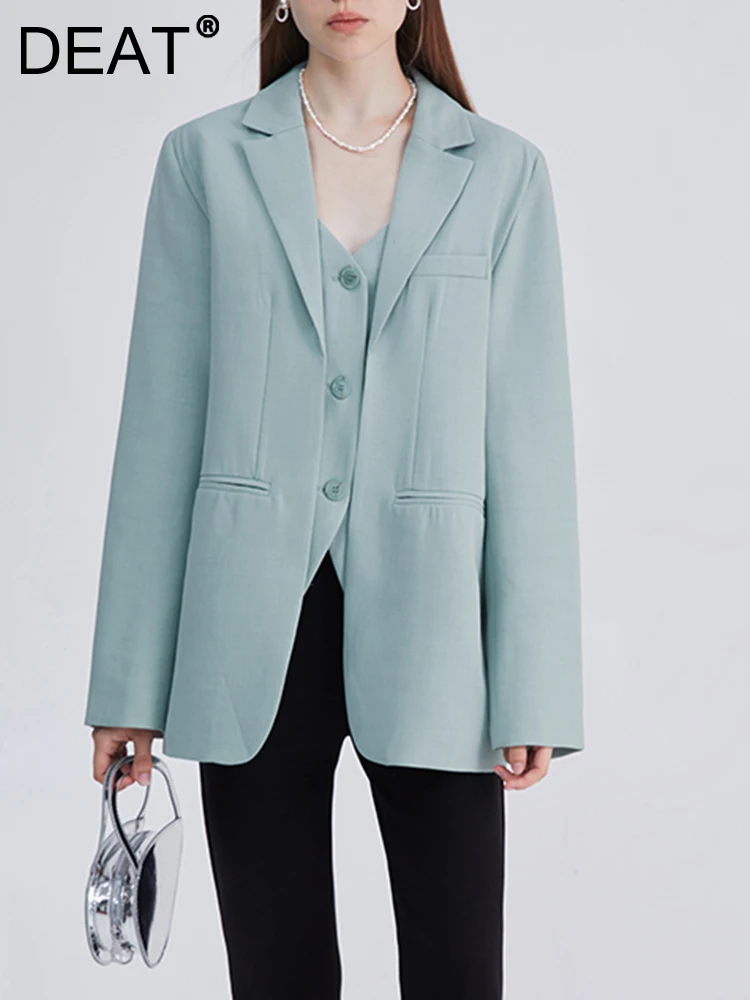 

DEAT Fashion Women's Blazer Notched Collar Loose Single Breasted Long Sleeve Solid Color Suit Jackets Spring 2023 New 17A5258