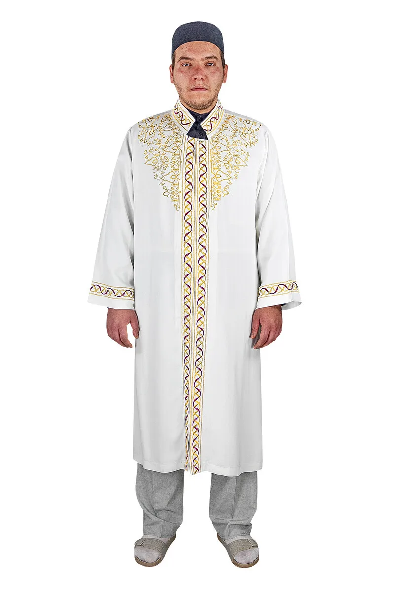 IQRAH Men Prayer Gown Imam Robe Maroon Embroidered Cream