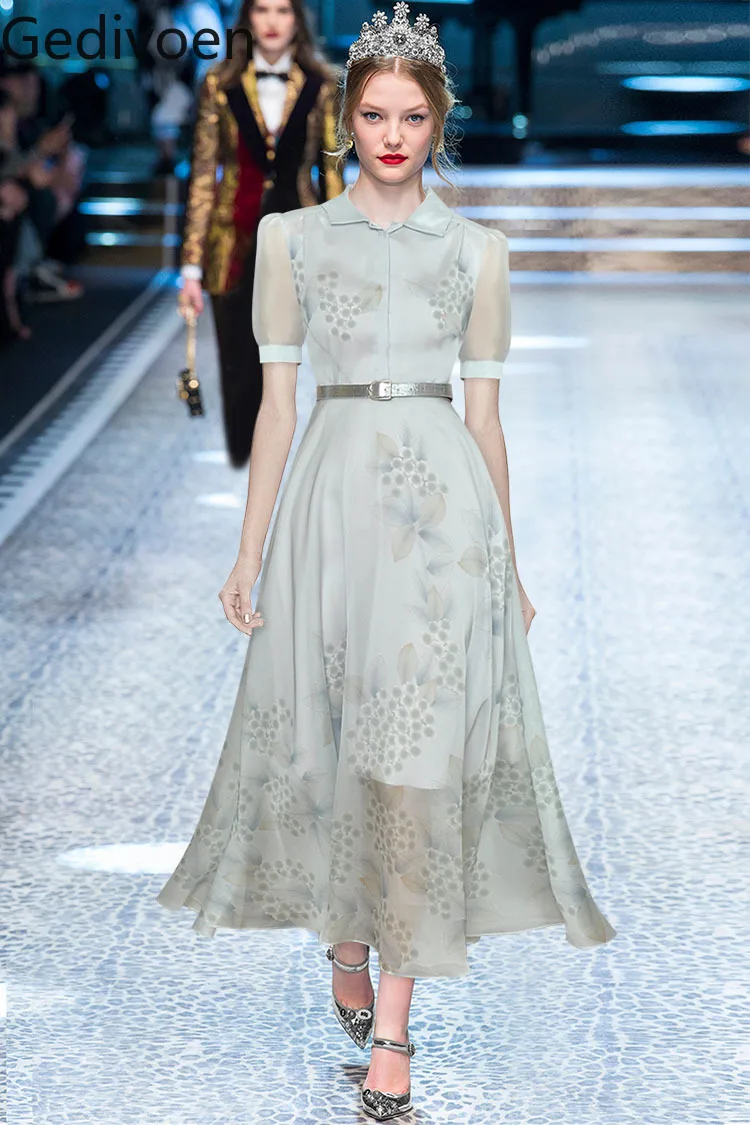 

Gedivoen Fashion Designer dress Summer Women's Dress Turn-down Collar Short sleeve Sashes Flower Print Vacation Elegant Dresses