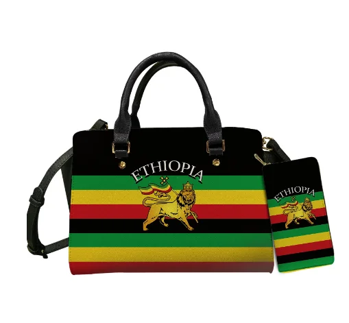Yikeluo Women's fashion handbag PU leather messenger bag Jamaica flag printed women's casual handbag Long wallet 2 piecesset