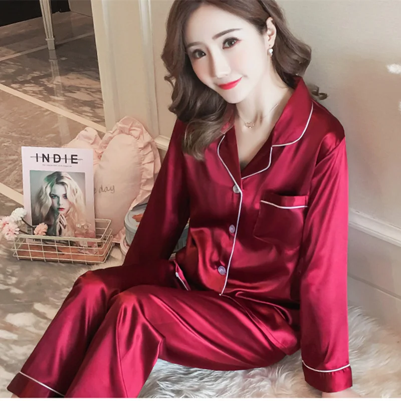 Imitated Silk Pajamas Women's Autumn Long Sleeve Ice Silk Suit Korean Style Casual Cardigan Silk Pajamas Can Outerwear Homewear