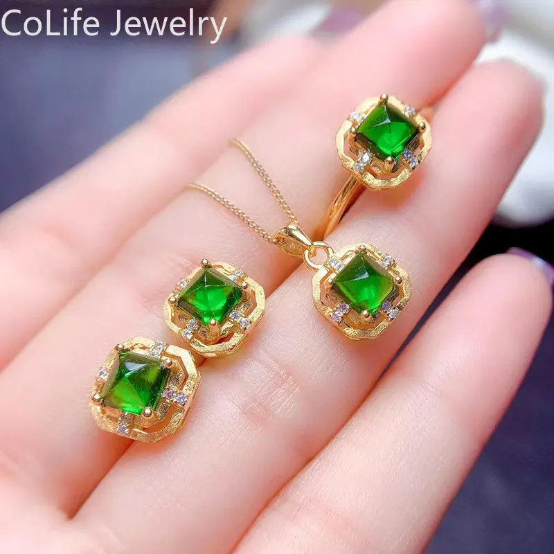 

Cabochon diopside 925 silver jewelry set total 2ct natural chrome diopside ring earrings and pendant with gold plating