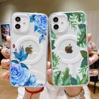 flower background phone case for iphone 13 12 11 mini pro max transparent super magnetic magsafe cover
