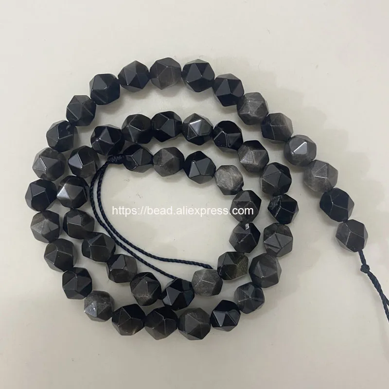 

Natural Stone Big Cuts Faceted Silver Color Obsidian Round Loose Beads 6 8 10 mm Pick Size 15"