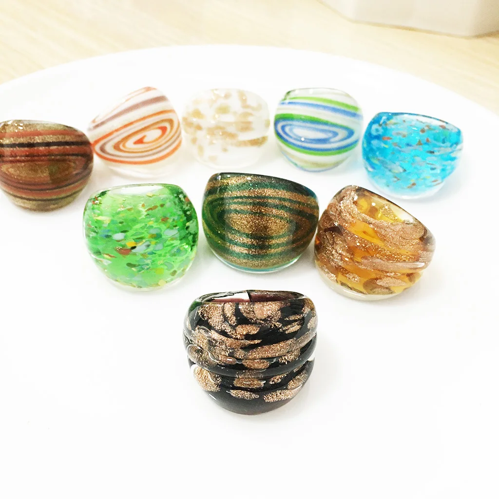 

9PCS Wholesale Randomly Mix Colors Lampwork Glass Murano Rings For Women Gold Foil Color 17-19mm Band Random Model