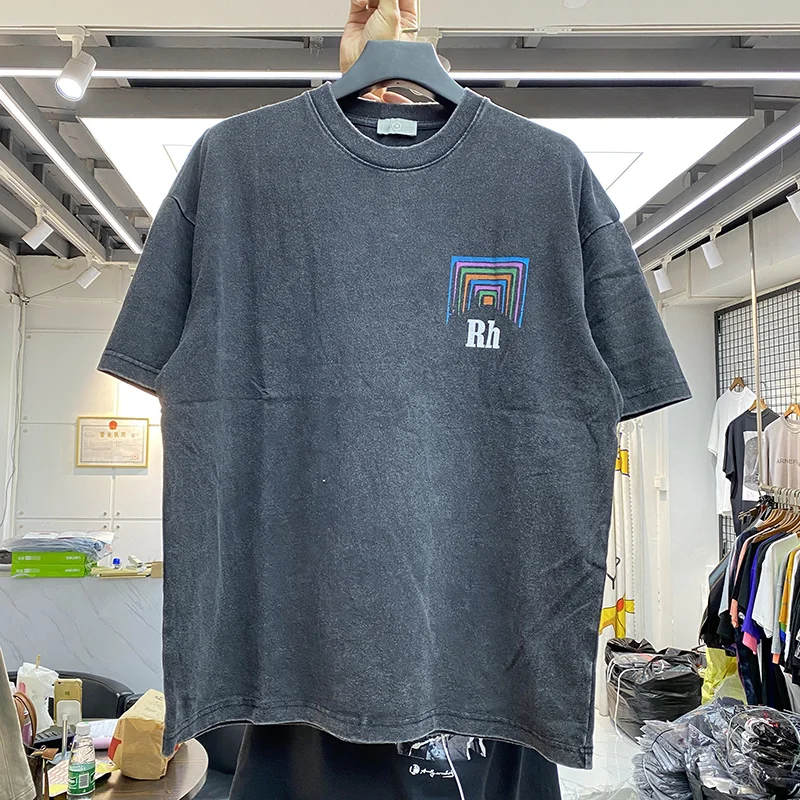 

Men Women Vintage Heavy Fabric RHUDE BOX PERSPECTIVE Tee Slightly Loose Tops Multicolor Logo Nice Washed Rhude T-shirt
