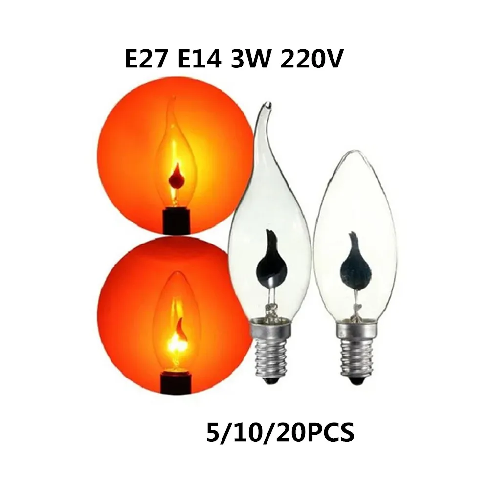 5-20PCS Edison Bulb E14 E27 3W C35 220V Flame Fire Lighting Vintage Flickering Effect Tungsten Novel Candle Tip Lamp Orange Red