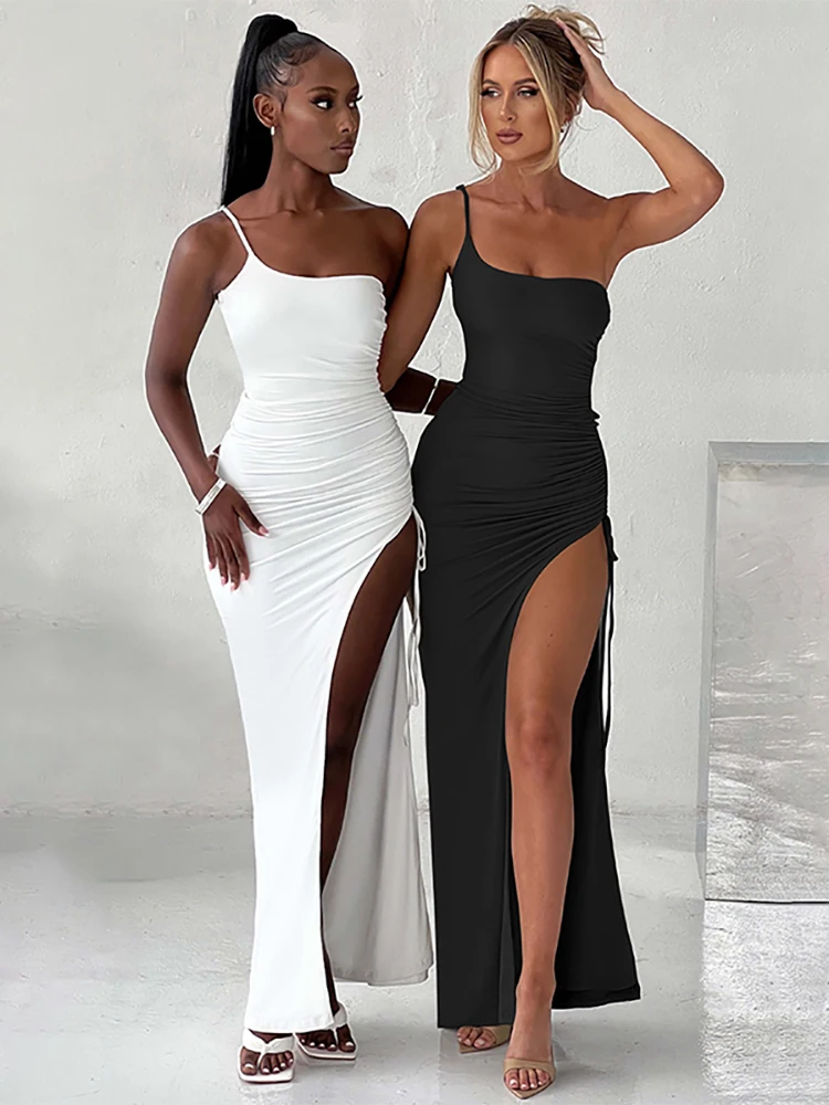 

Sanches Summer Solid Sleeveless Sexy Drawstring Split Dress Women Off Shoulder Backless Long Maxi Dress Casual Party Club Dress