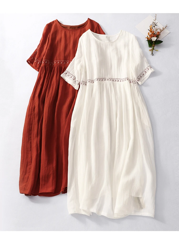 

Женское свободное дышащее платье с вышивкой, повседневное хлопково-льняное платье с круглым вырезом в стиле ретро, лето 2023