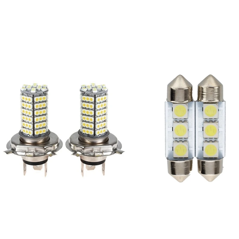 

2X Car H4 120 LED 3528 SMD Xenon White Fog Headlight Head Light Lamp With 2X C5W 3 LED SMD 5050 36Mm Xenon White Bulb