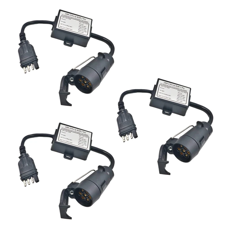 3X US To Europe Trailer Light Converter 4 Way Flat Socket (American Vehicle) To 7 Way Round Socket (European Trailer)