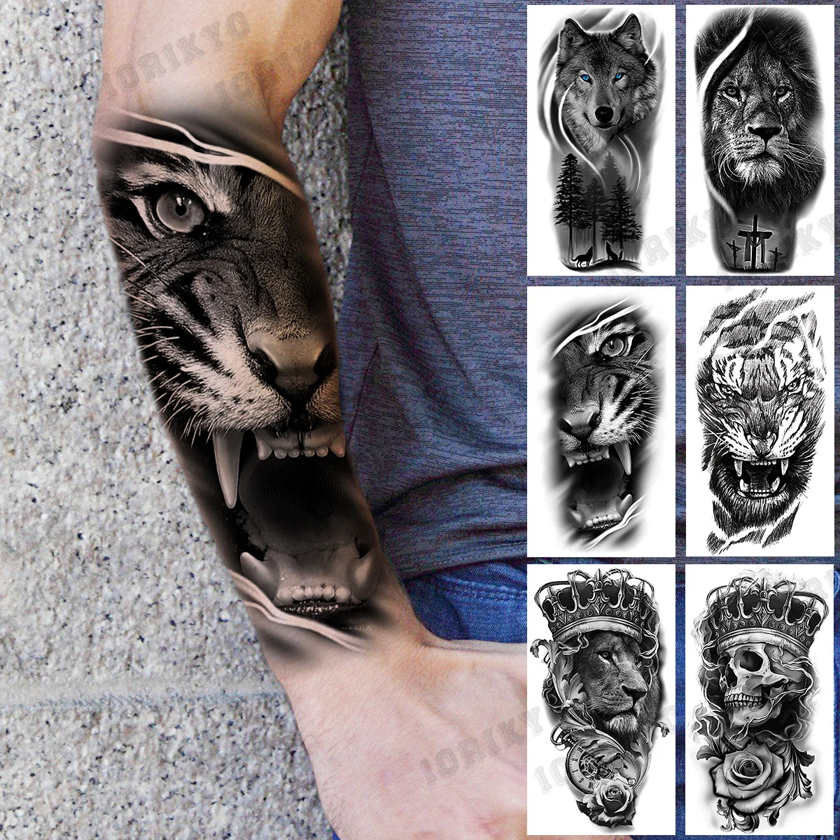 

Realistic Tiger Temporary Tattoos For Men Adult Women Wolf Forest Lion Skull Crown Flower Fake Tattoo Forearm Waterproof Tatoos