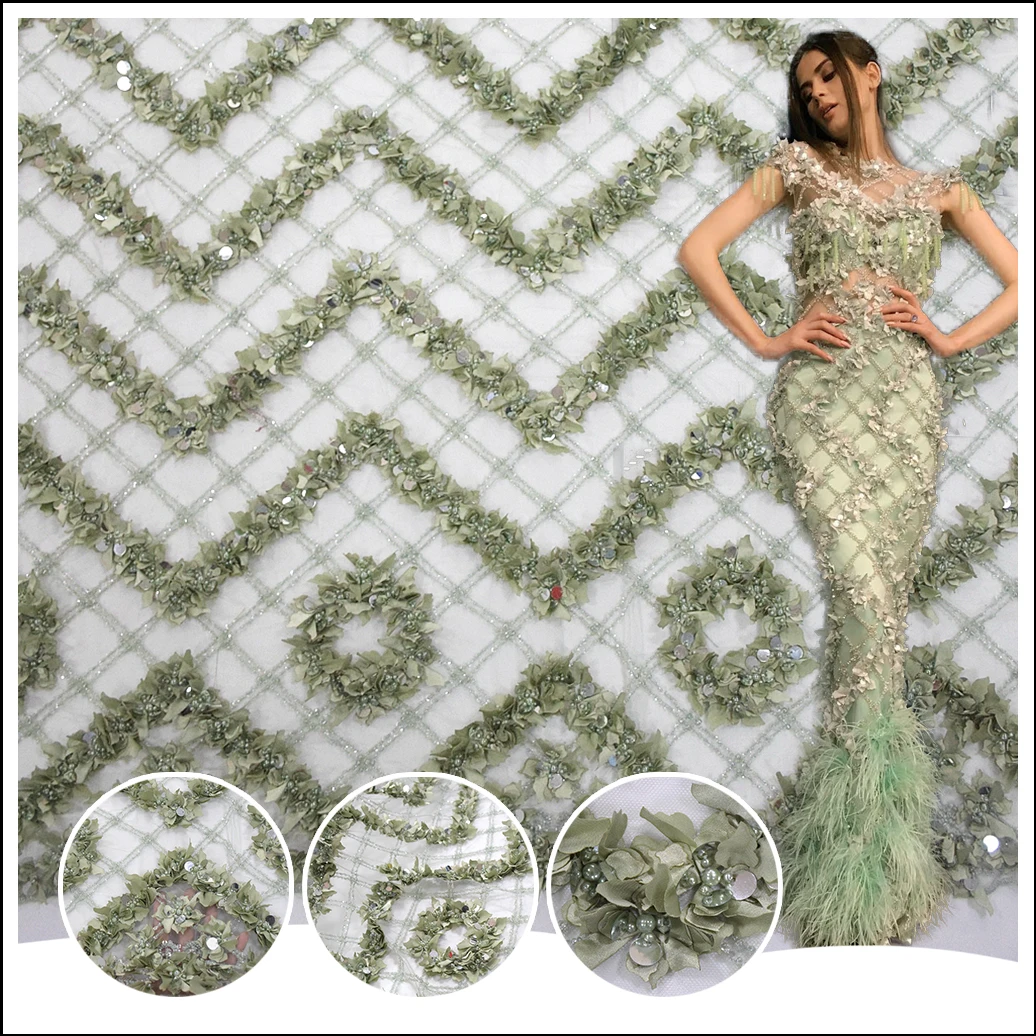 

New Arrrival Handmade Beads 3D Flowers African Lace Fabric France Tulle Net Lace for Sewing Nigerian Embroidery for DIY Dress