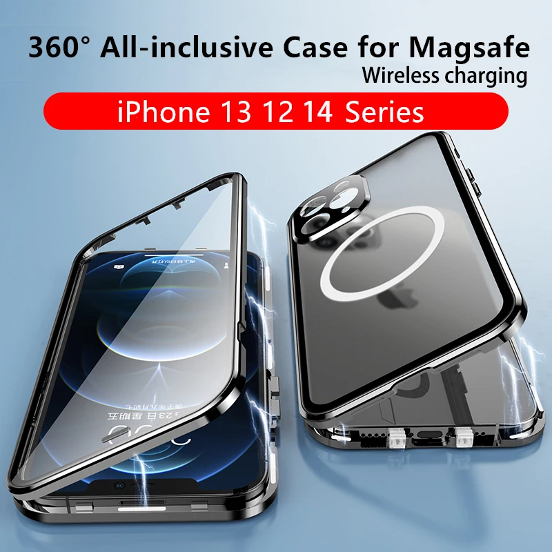 

Металлический магнитный чехол для iPhone 14, 13, 12, 11 Pro Max, Magsafe, Беспроводная зарядка, 360 °, герметичное стекло, защита от падения, защитный чехол