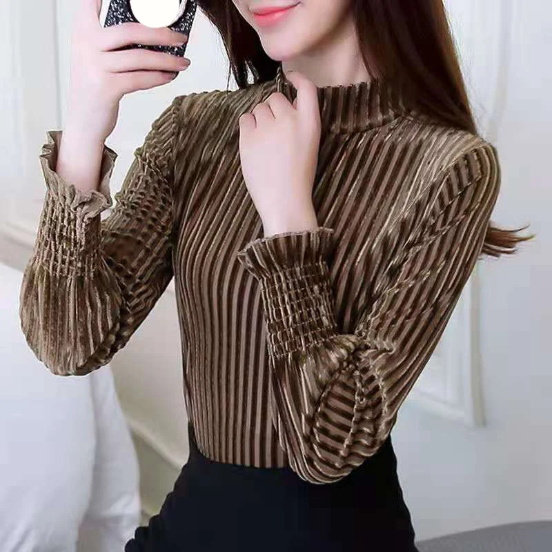 

Lucyever Velvet Striped Womens Shirts Tops 2022 Autumn Winter Ruffles Long Sleeve Female Blouses Elegant Streetwear Clothes Lady