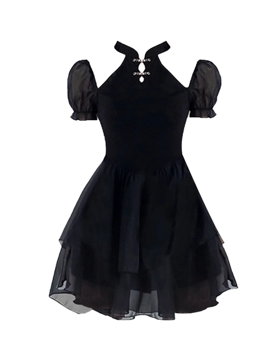 

Designed Fashion Goth Darkness Women Dress Slim Pullover Solid Color Round Neck Gothic Style Pleated Ladies Dress For Summer
