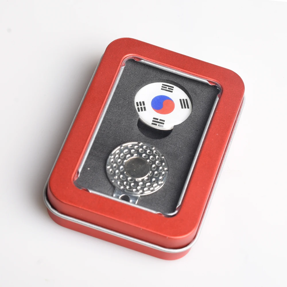 Mark With Magnetic Golf Hat/cap Clips Golf Ball Marker Korean Flag Pattern With Tinplate Box Golf Gift