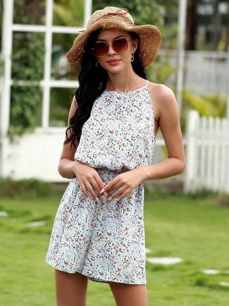 2023 Sling O Neck Vintage Floral Sexy Casual Jumpsuits Women Summer Loose Hollow Out Shirring Sleeveless Playsuits Boho Fashion