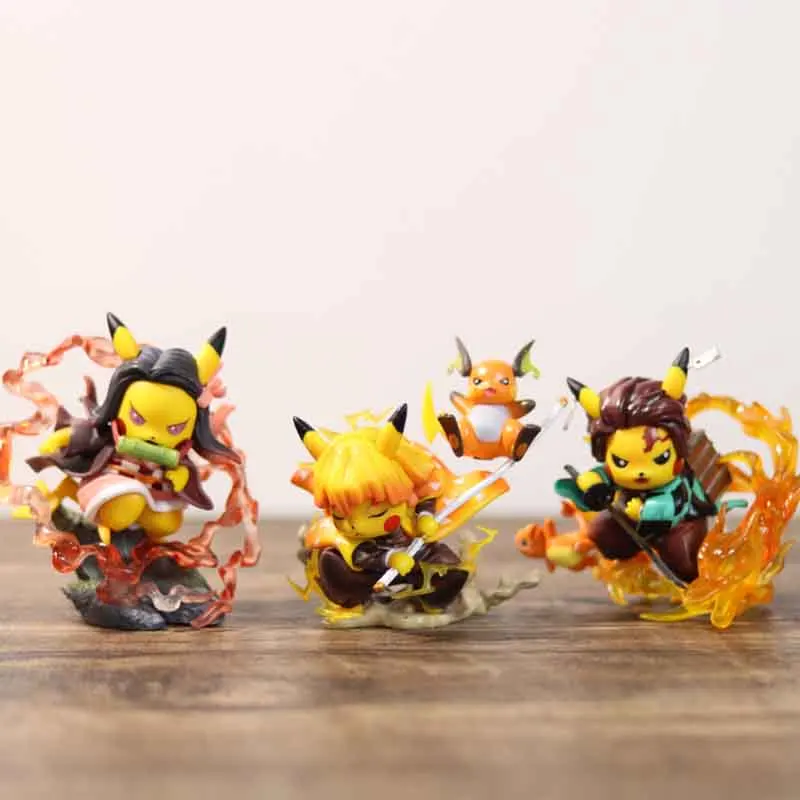 

10Cm Pokemon Pikachu Cos Demon Slayer Agatsuma Zenitsu Kamado Tanjirou Nezuko Figurine Handmade Ornament Desktop Decoration Gift