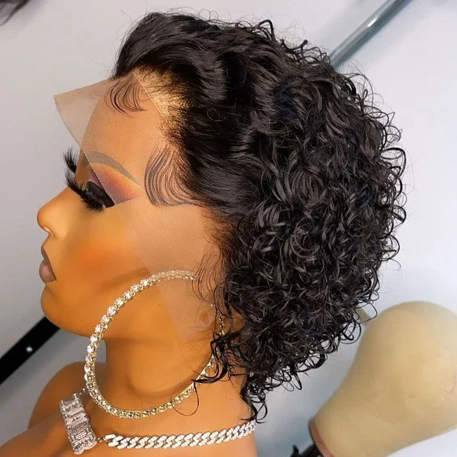 Kinky Curly Brazilian Pre plucked 13x1 Lace Front Wigs Pixie Short Cut Bob Human Hair Lace Closure Wig For Black Women babyhair