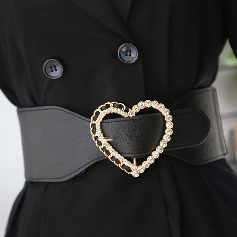 

Luxury Large Metal Double Ring Buckle Elastic Belt Fashion Wide Belts Women Stretch Cummerbunds Lady Waistband for Blouse Dress