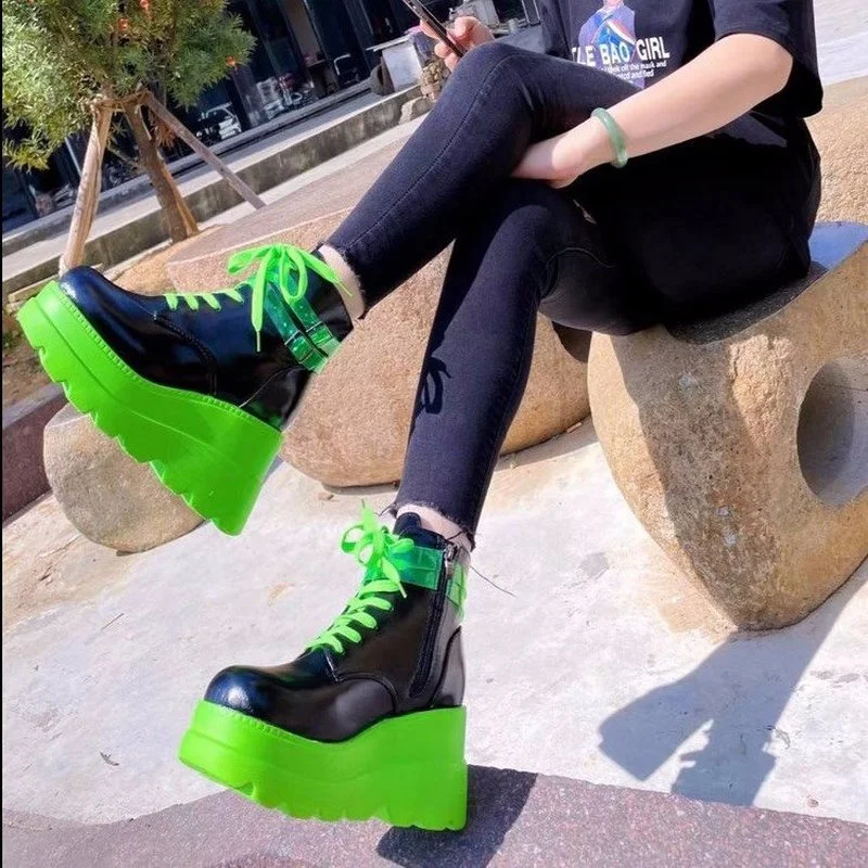 New Brand Platform Women Lolita Shoes Motorcycle Boots Spring 2022 Trend Green High Heels Wedges Goth Thick Ladies Shoes Pumps