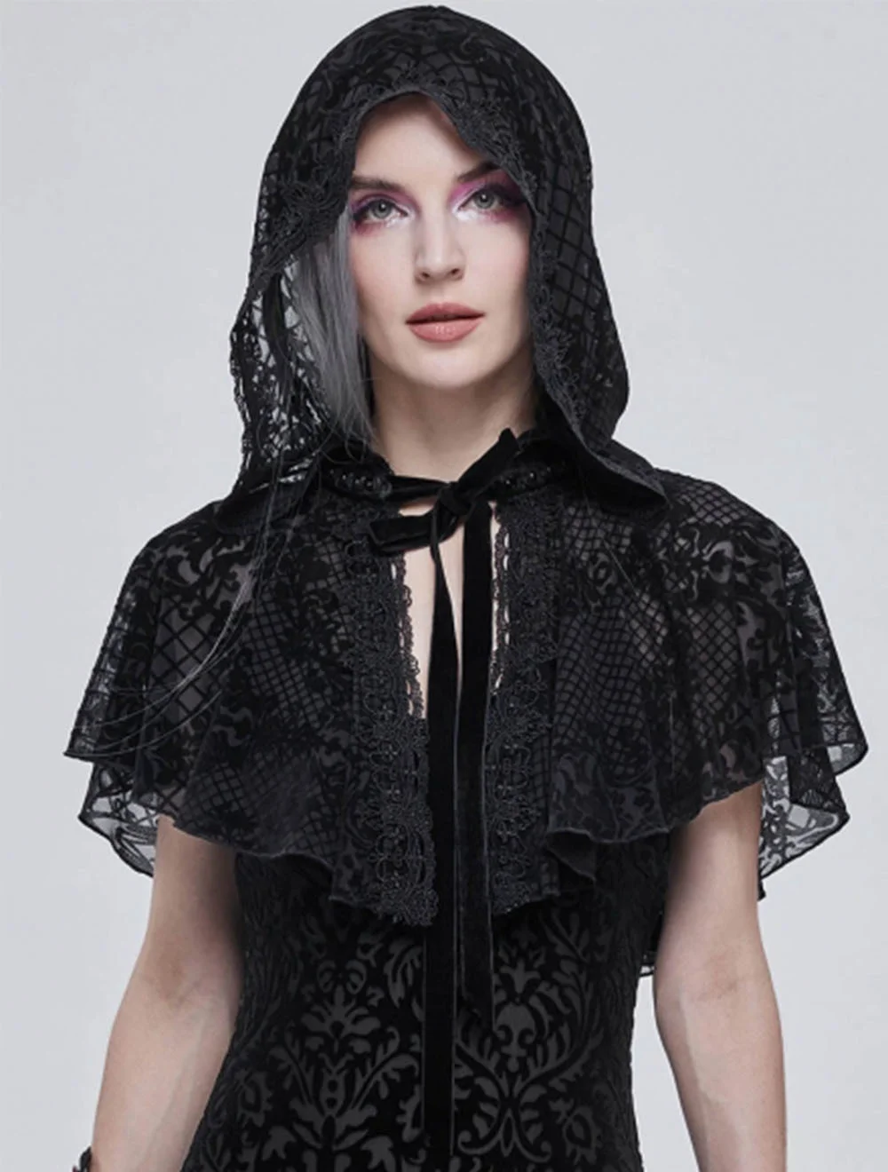 

Rosetic Goth New Designed Cape Non-sleeve Pullover Solid Color Mesh Lace Patchwork Hooded Collar Gothic Style Ladies Retro Cape
